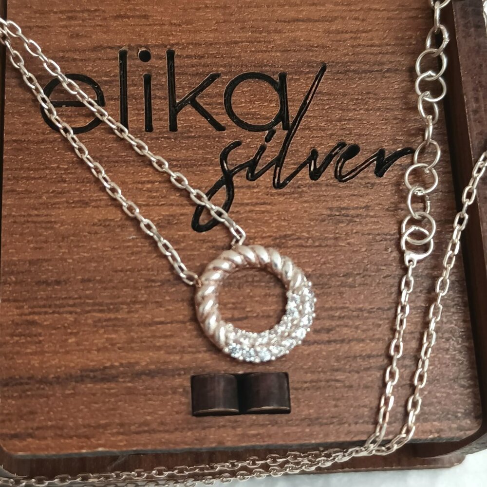 Elika 925 Open Circle Necklace 16"Sterling Silver Pave Ribbed Minimalist Jewelry